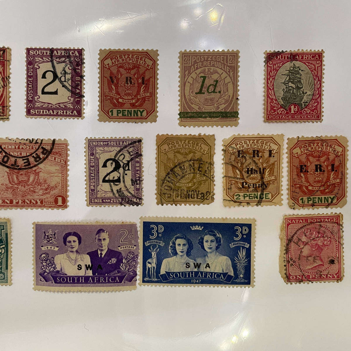 Lot of 14 Old South African & ZAR Stamps  SWA Overprints, Natal, ZAR Revenues, Postage Due