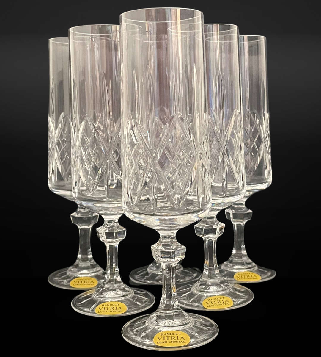 Set of 6 Vintage Vitria Handcut Lead Crystal Champagne Flutes  Elegant 17cm High Glasses