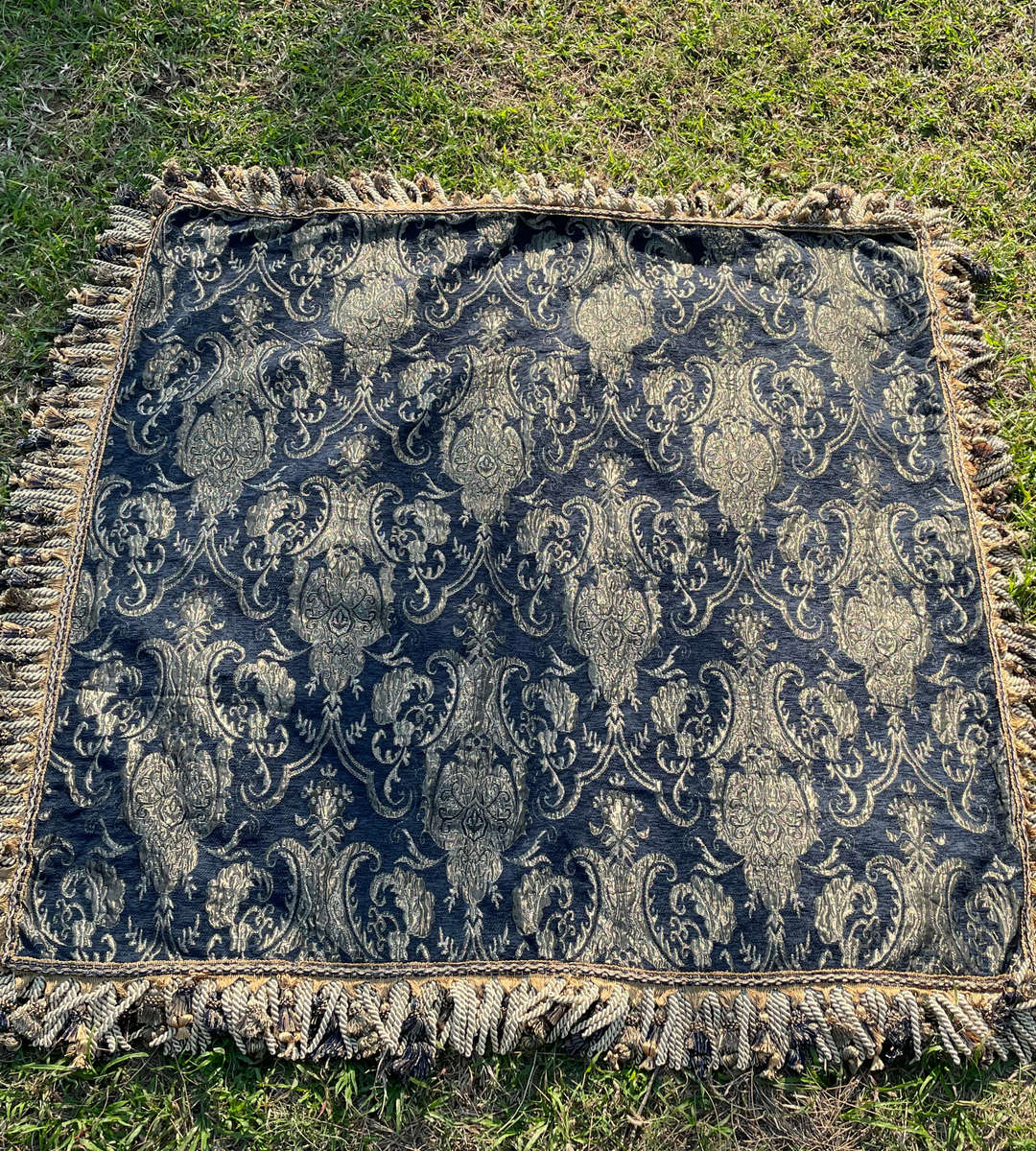 Heavy Traditional Indigo and Gold Upholstered Fabric with Velvet Suede Back and Double Rows of Tasse