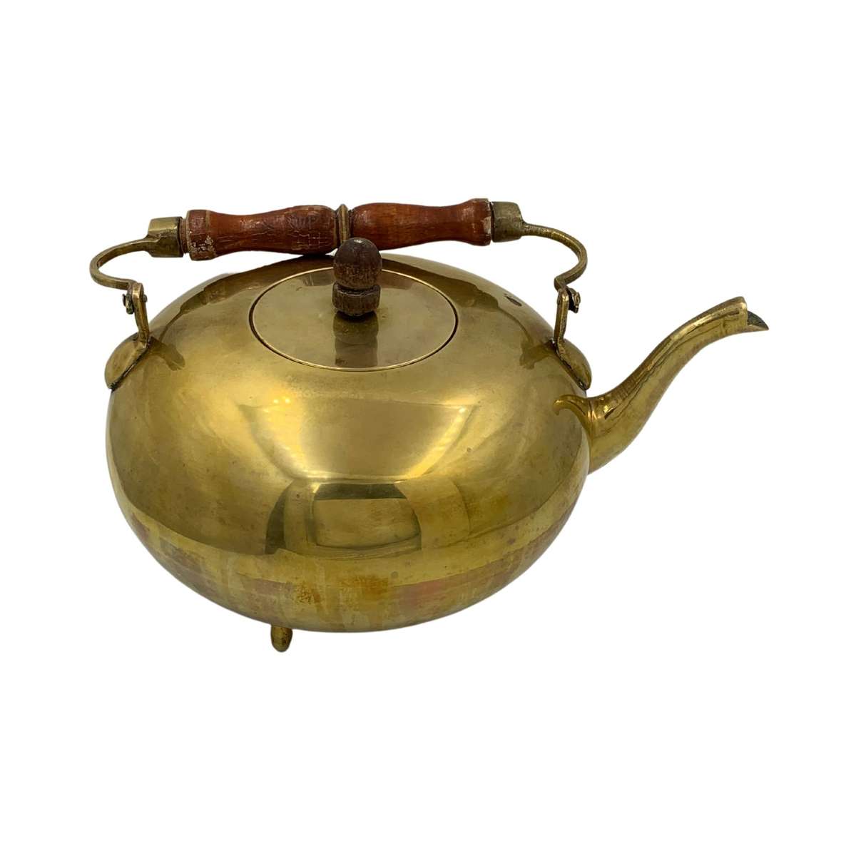 Antique Dutch Brass Toddy Kettle with Swiveling Wooden Handle