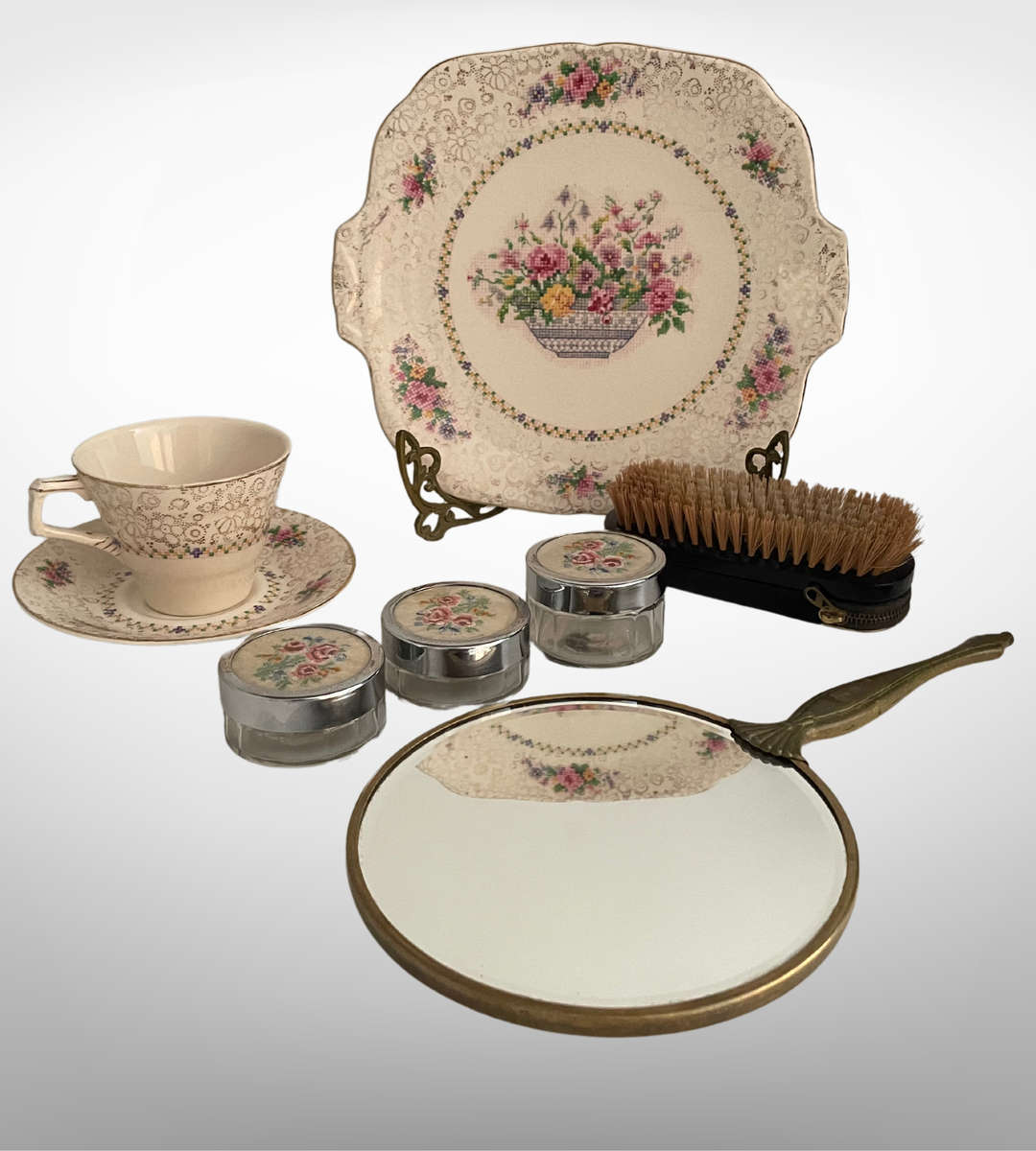 8-Piece Vintage Petit Point & Cross-Stitch Vanity Décor Set with H&K Tunstall Cup & Saucer