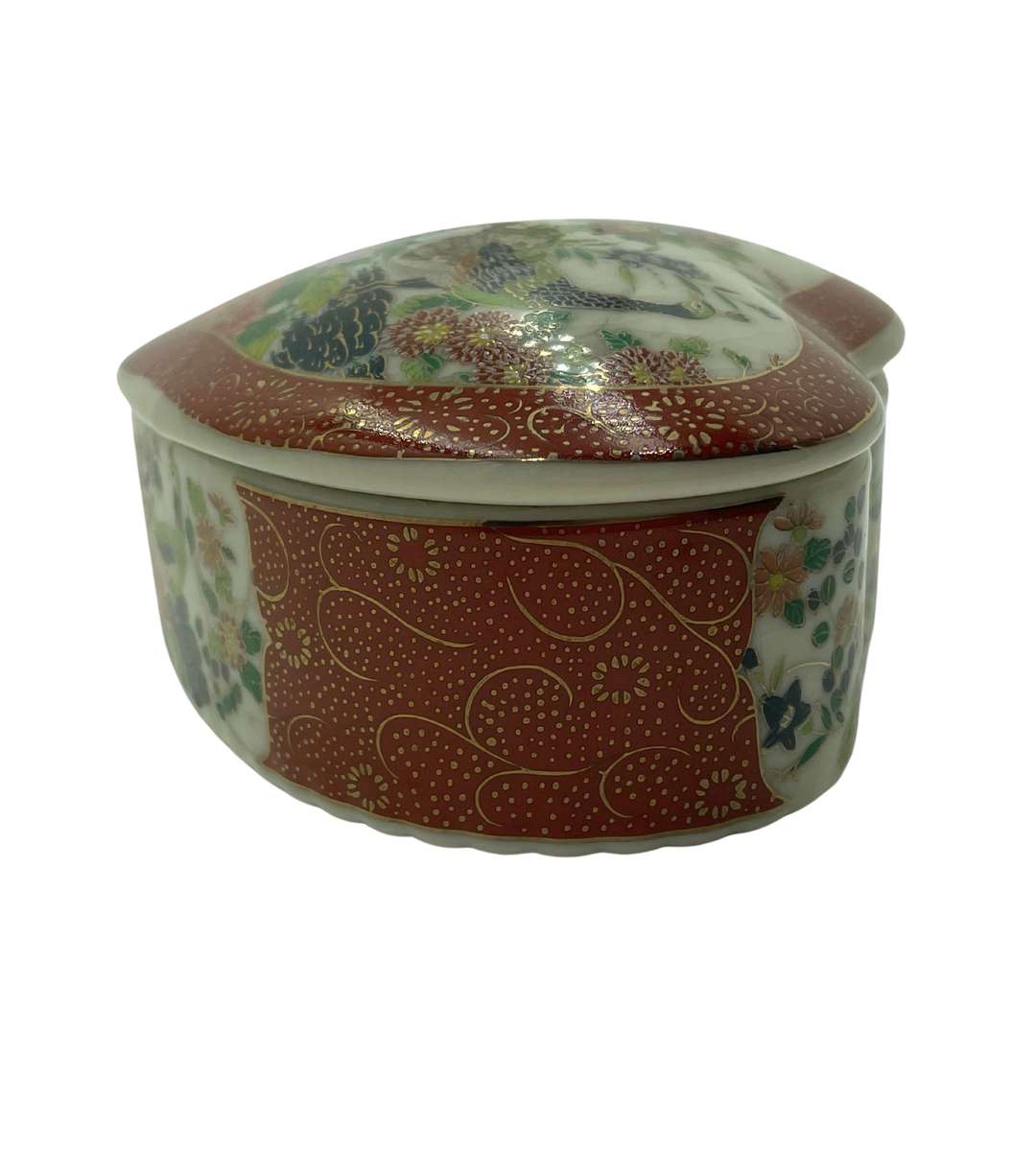 Vintage Satsuma Peacock Floral Heart-Shaped Trinket Box - Red/Green/Gold - Japanese Export