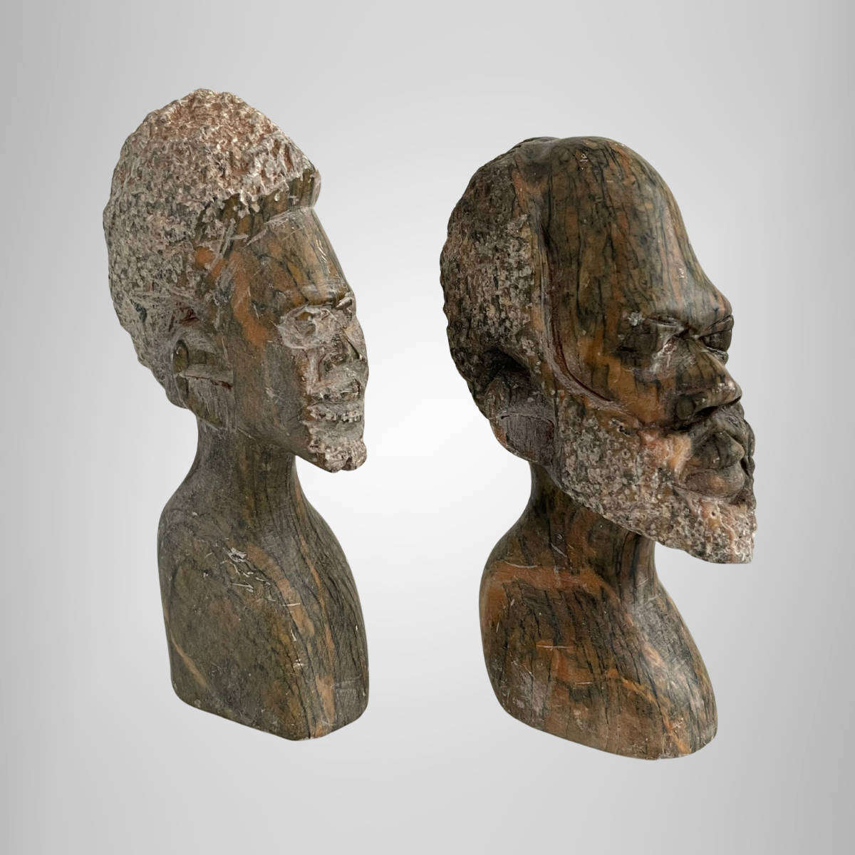 Set of 2 Vintage African Soapstone Busts  Hand-Carved Figures  11.5 to 12 cm  Aged Patina