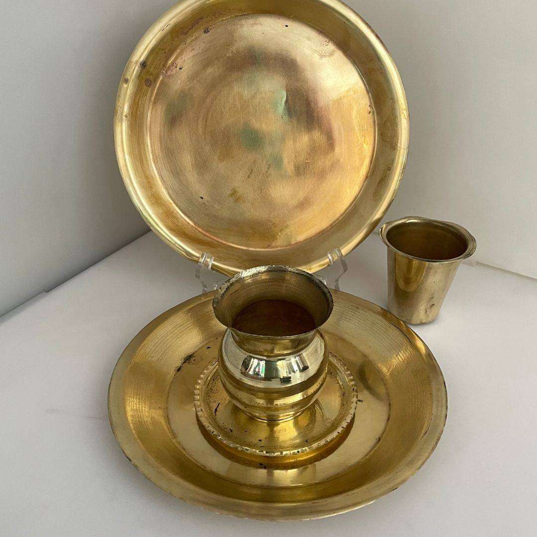 Vintage Brass Set  2 Trays, Small Vase & Cup, 25.4cm Tray, Sold As-Is