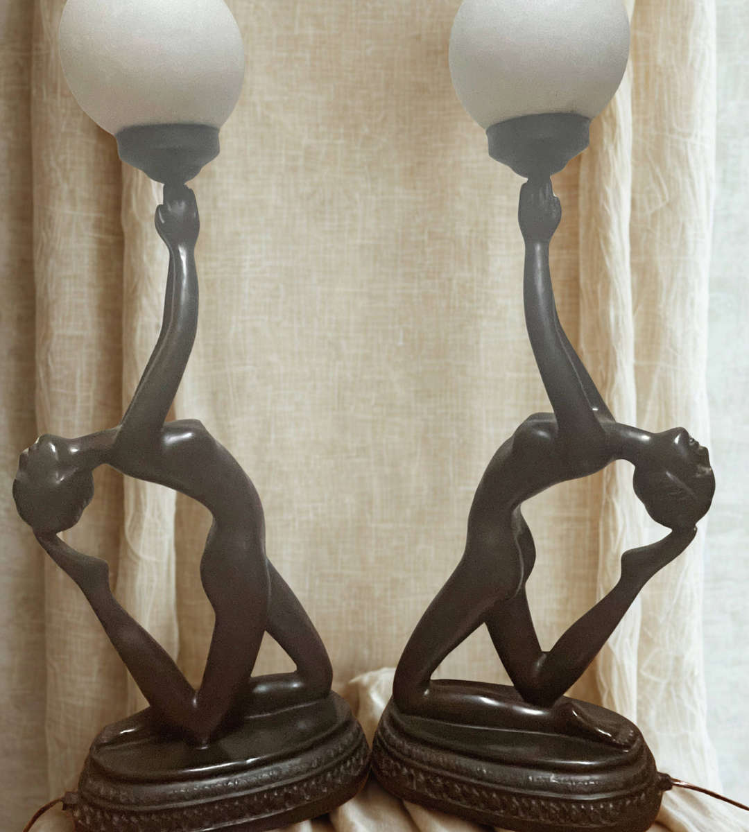 Rare 1970s Large Art Deco Style Nude Table Lamps  Matching Pair  75cm  Frosted Glass Shades