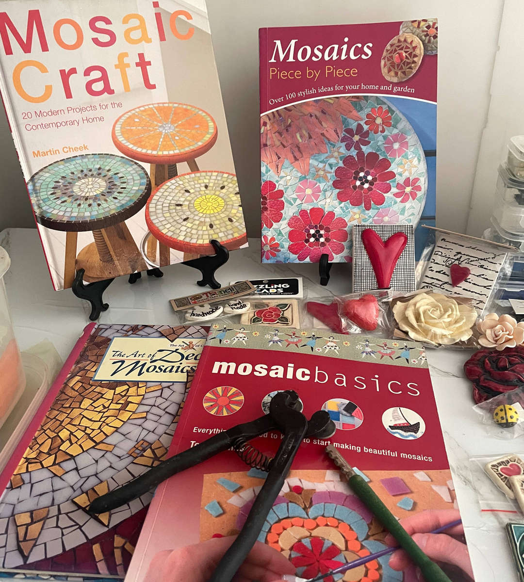 Reserved For Nadine: Lot of Over 12.7kg 70 Mosaic Squares with 12 Holders + Tools & 4 Mosaic Books