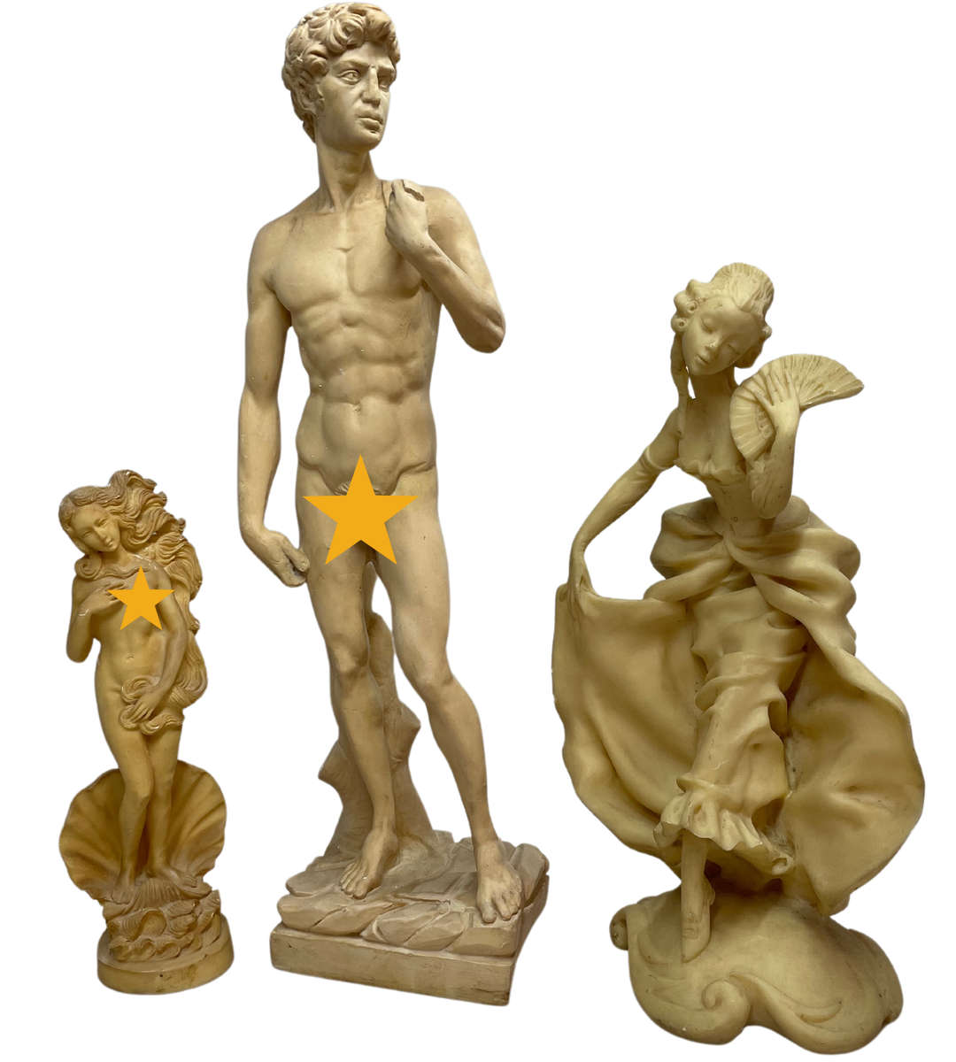 3pc Vintage Resin Sculpture Collection  Michelangelos David, Nude Goddess, and Rare Oriental Okimono