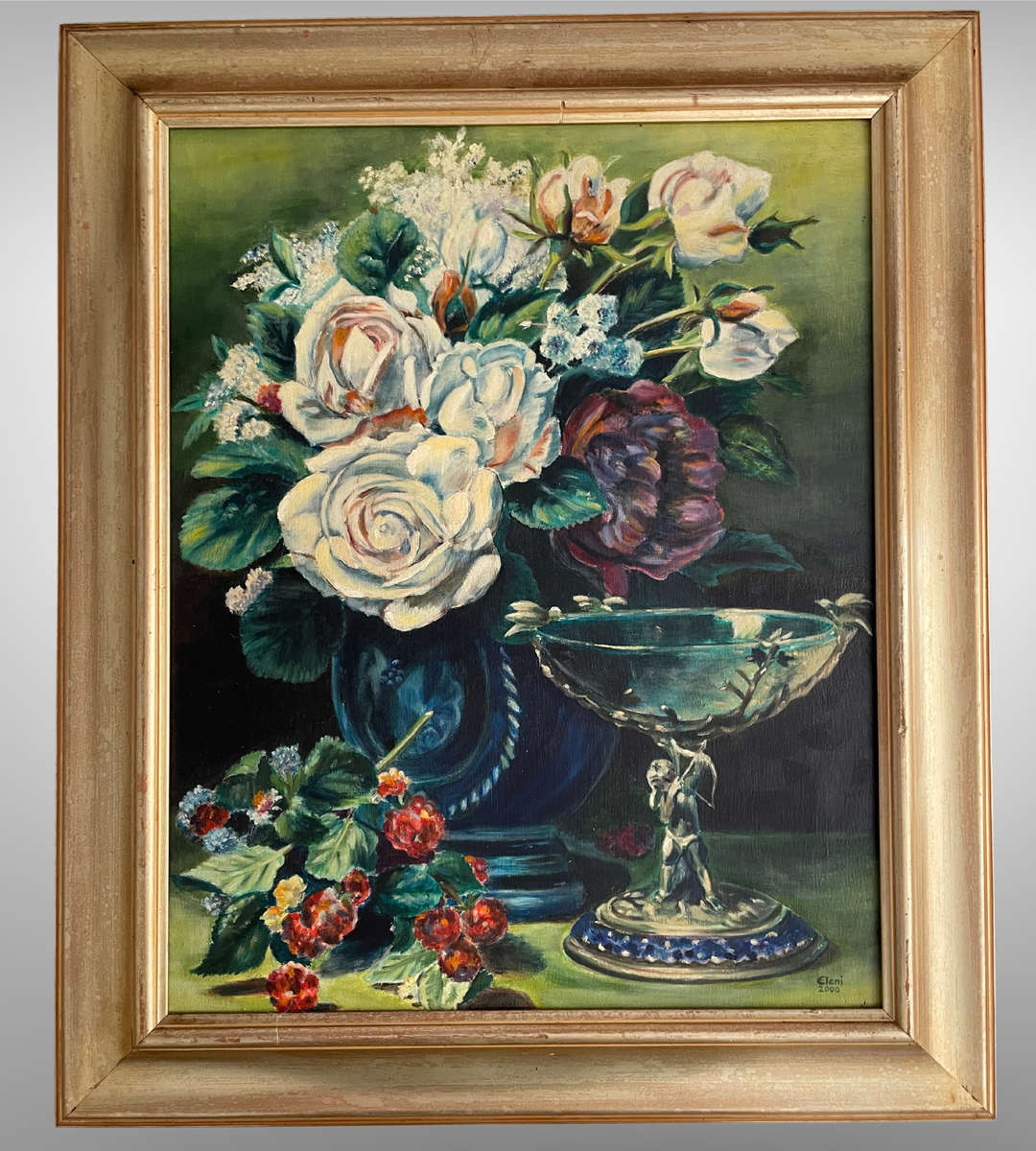 Eleni (2000) 'Cupid's Goblet' Floral Still Life - Oil on Canvas - Framed - 53.5 x 64cm