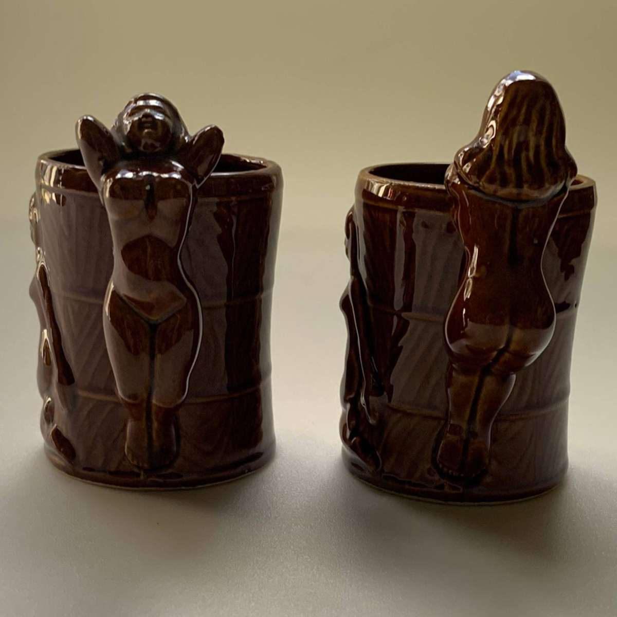 Vintage Treacle-Glazed Nude Lady Mugs (1960s)  Set of 2  Brown Pottery Collectibles