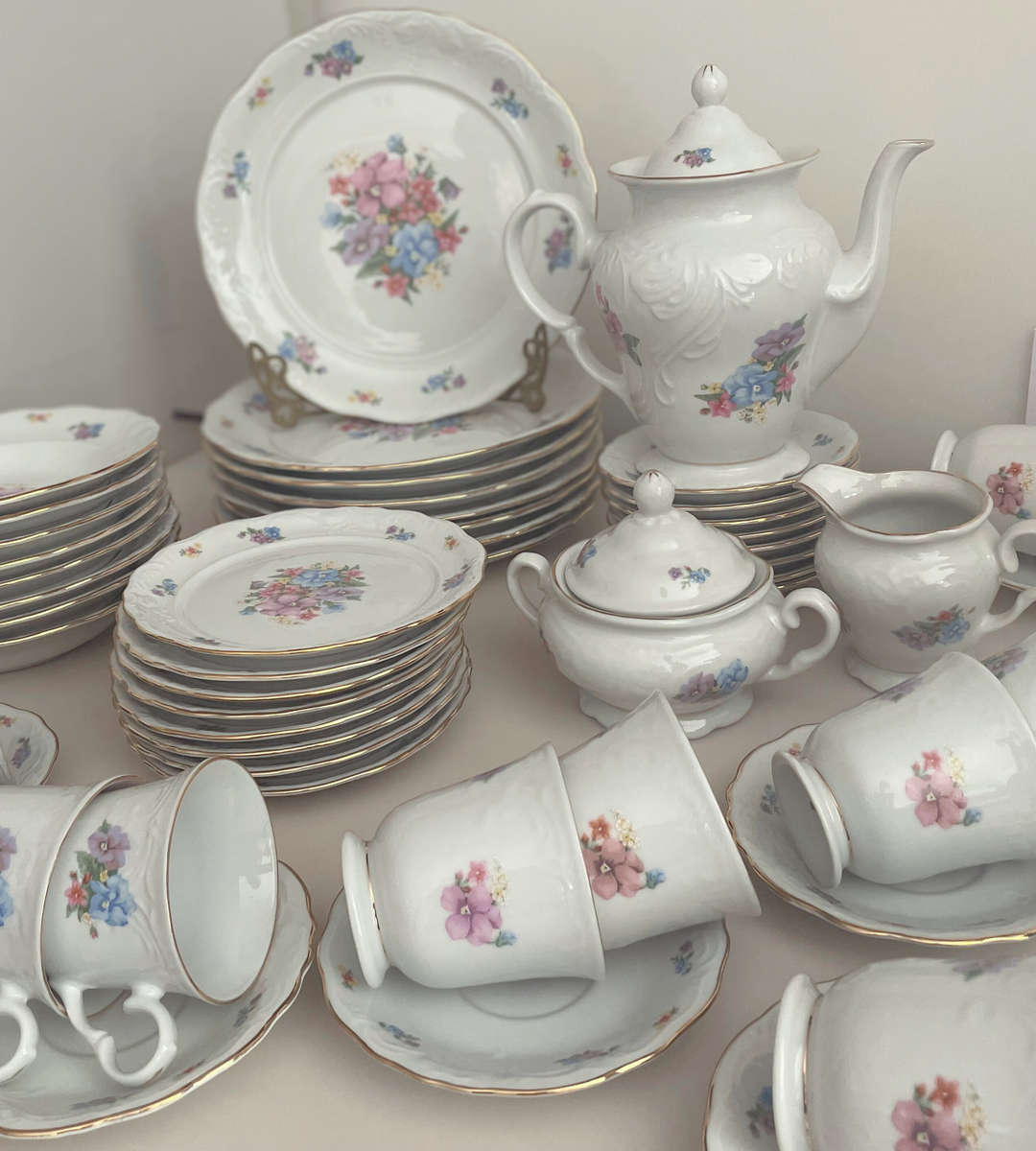 Vintage 55-Piece Fine China Dinner Set  - Gold-Trimmed Cottage Chic Floral Design - Discounted!