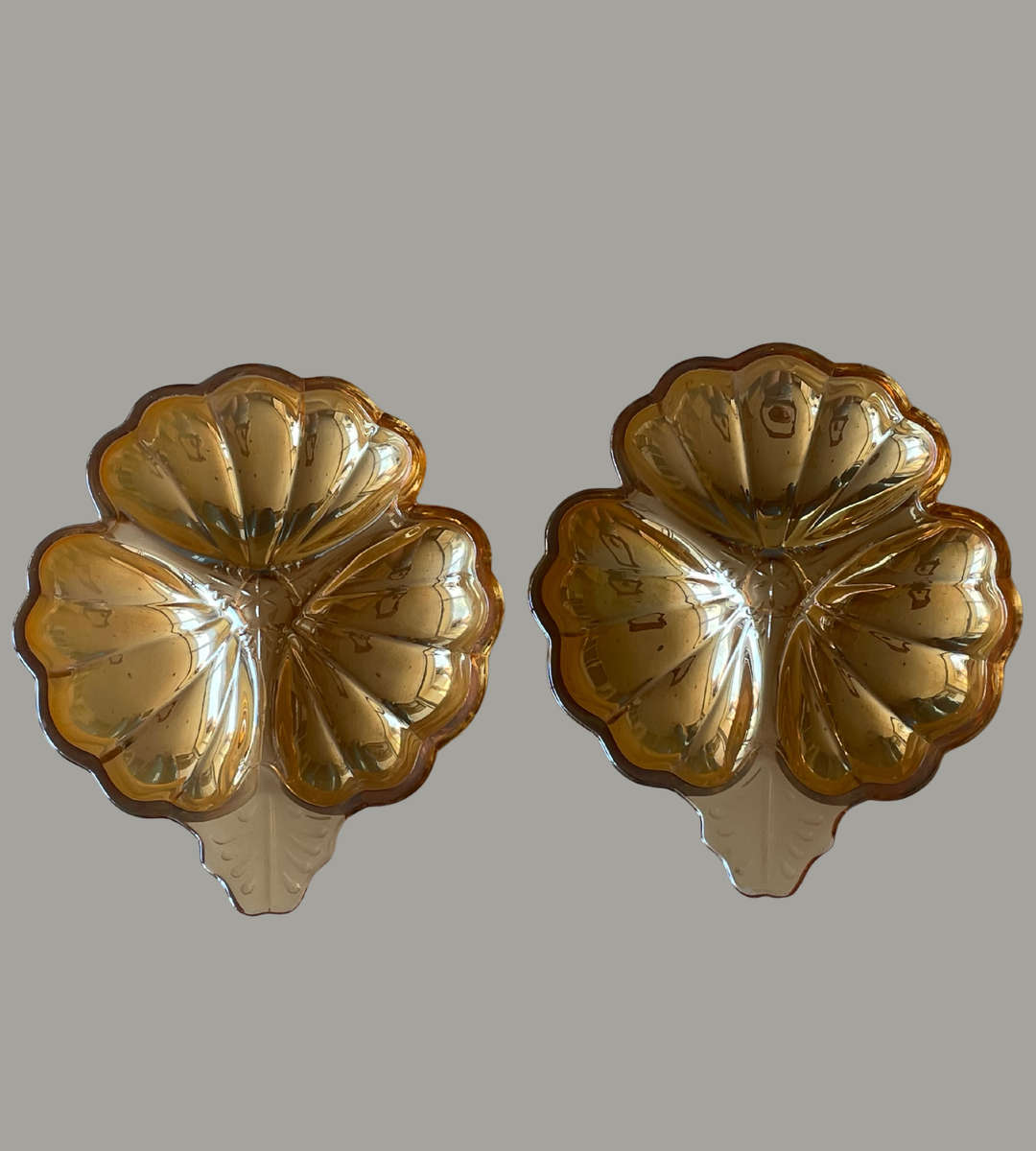 Pair of Vintage 1990s Iridescent Marigold Clover-Shaped Candy/Relish Dishes  3 Division