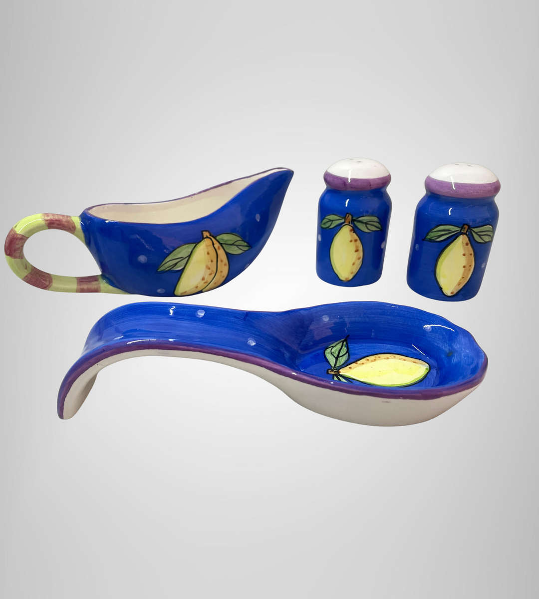 4-Piece Hand Painted Kitchenware Set  Blue & Yellow Lemons  Spoon Rest, Gravy Boat, Salt & Pepper