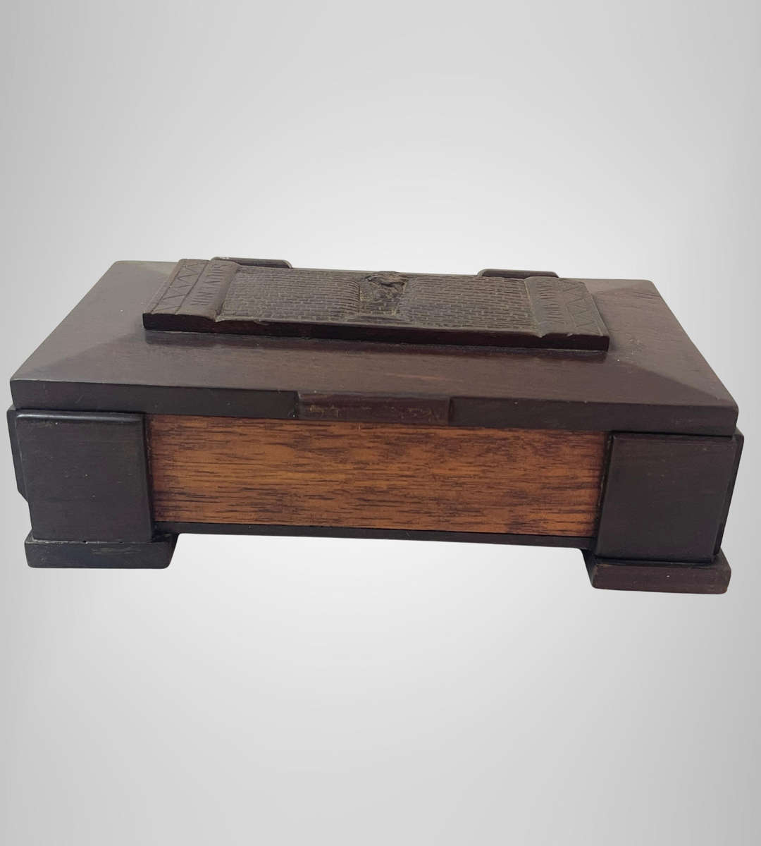 Vintage Zimbabwe Wooden Souvenir Jewelry Box  Carved Great Zimbabwe Walls & Tree, 18cm