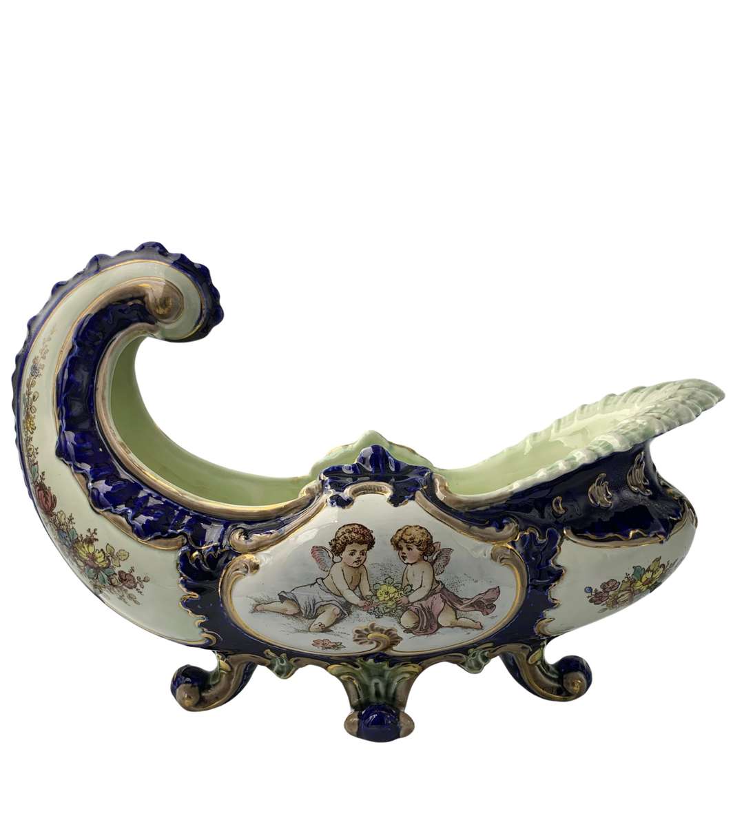 Reduced ! Rococo Majolica Jardiniere c.1934  Cobalt Blue & Turquoise Glaze, Cherubs & Swags Design