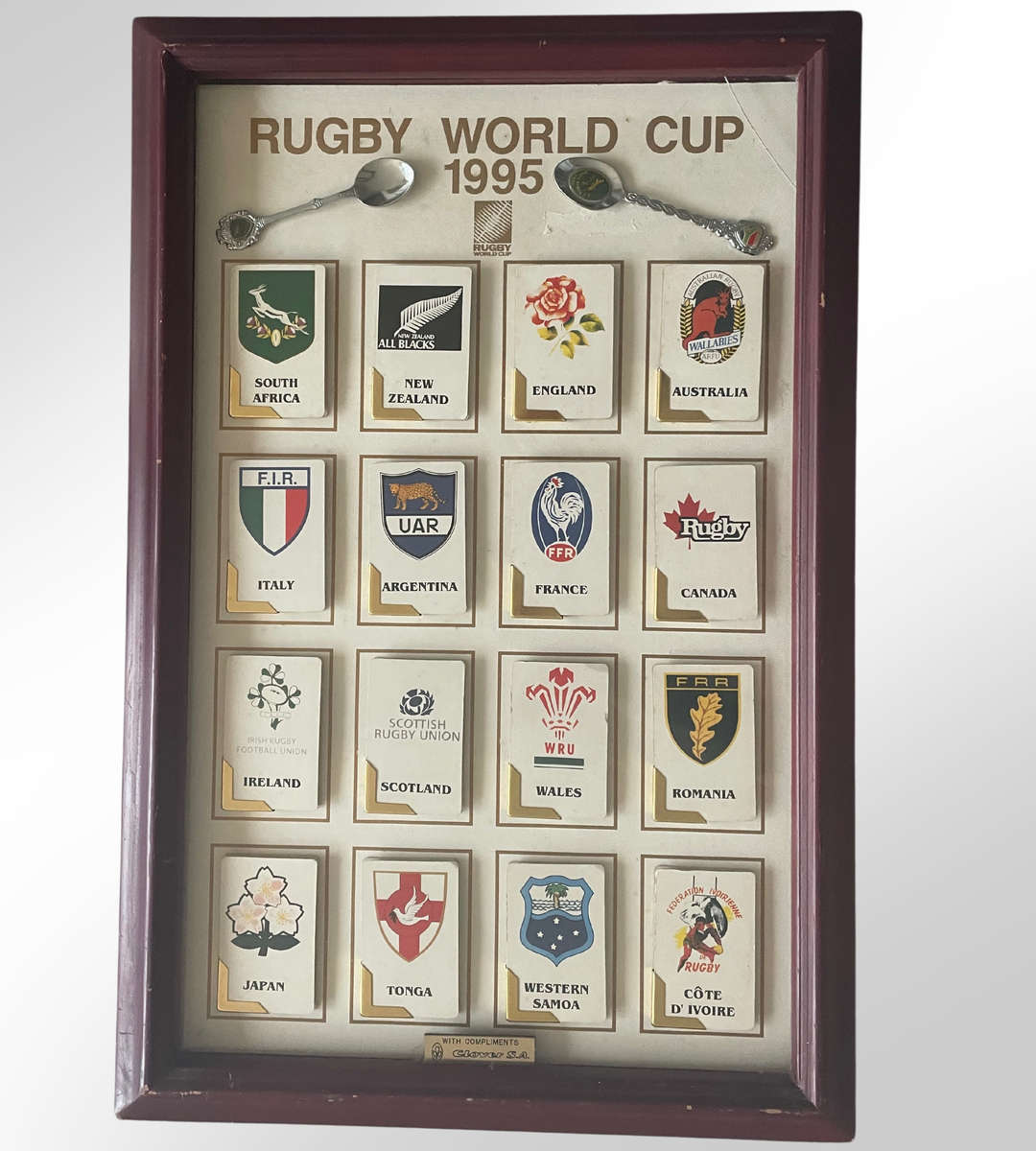 Rugby World Cup 1995 Cabinet Frame with Foldable Booklets & Springbok Teaspoons  Rare Collectible!