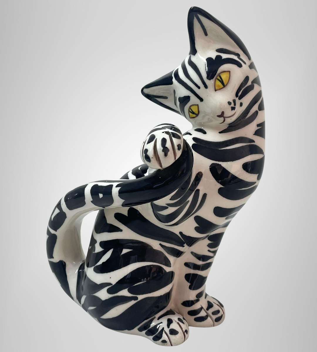 Vintage Italian Pottery Black & White Tabby Cat Figurine  Hand Painted  20.5cm  Marked Italy 5/53