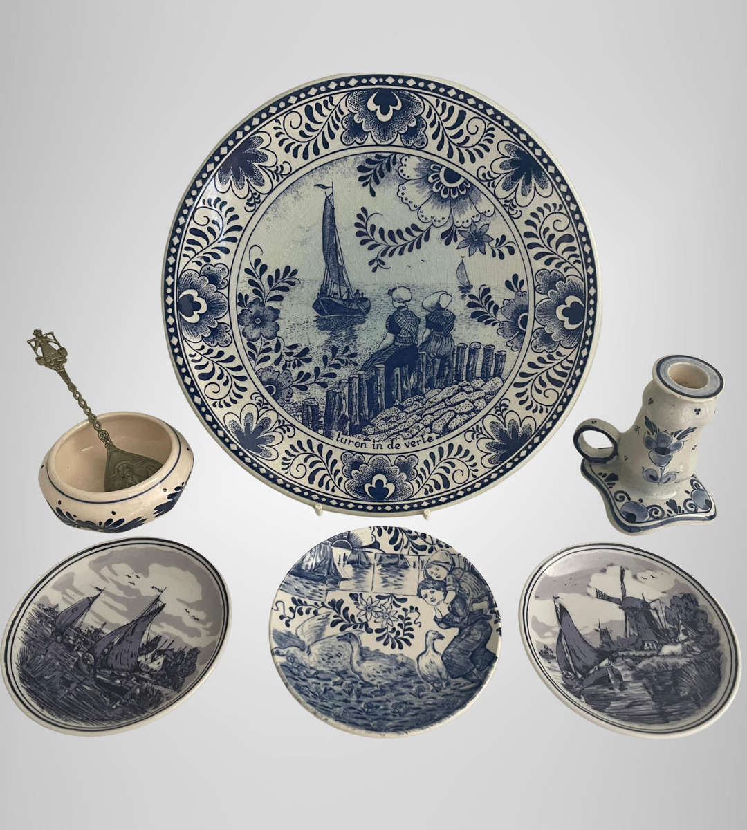 Bargain 7-Piece Dutch Delftware Decor Lot  Chemkefa plate, Boch Plate, Coasters, Candle Holder