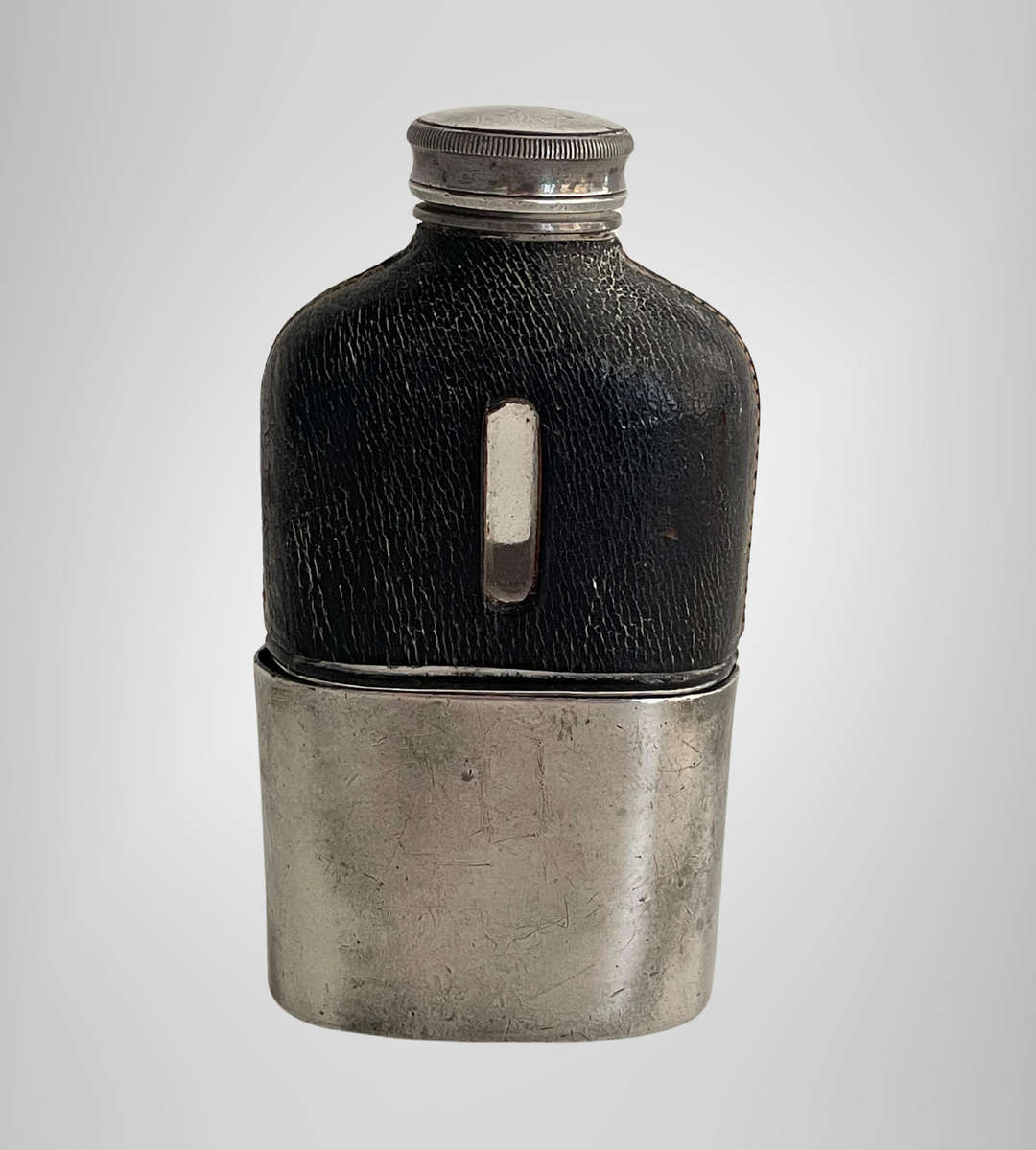 Vintage James Dixon & Sons Leather & Pewter Hip Flask  ½ Pint  Sheffield England  Trumpet Banner