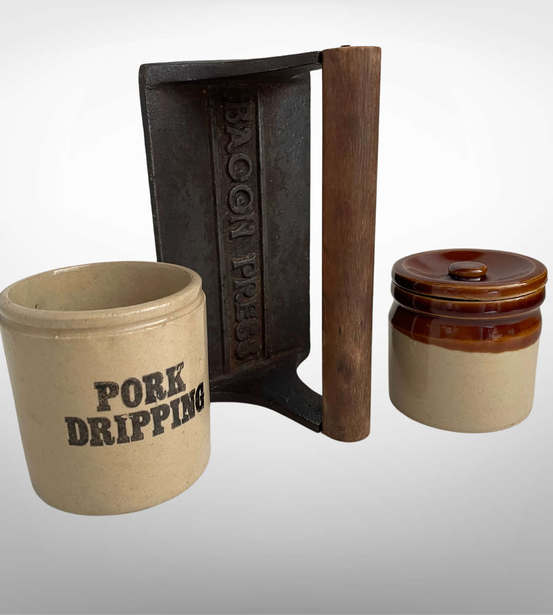 Vintage Rustic Cast Iron Bacon Press & 2 Stoneware Holders  Farmhouse Décor