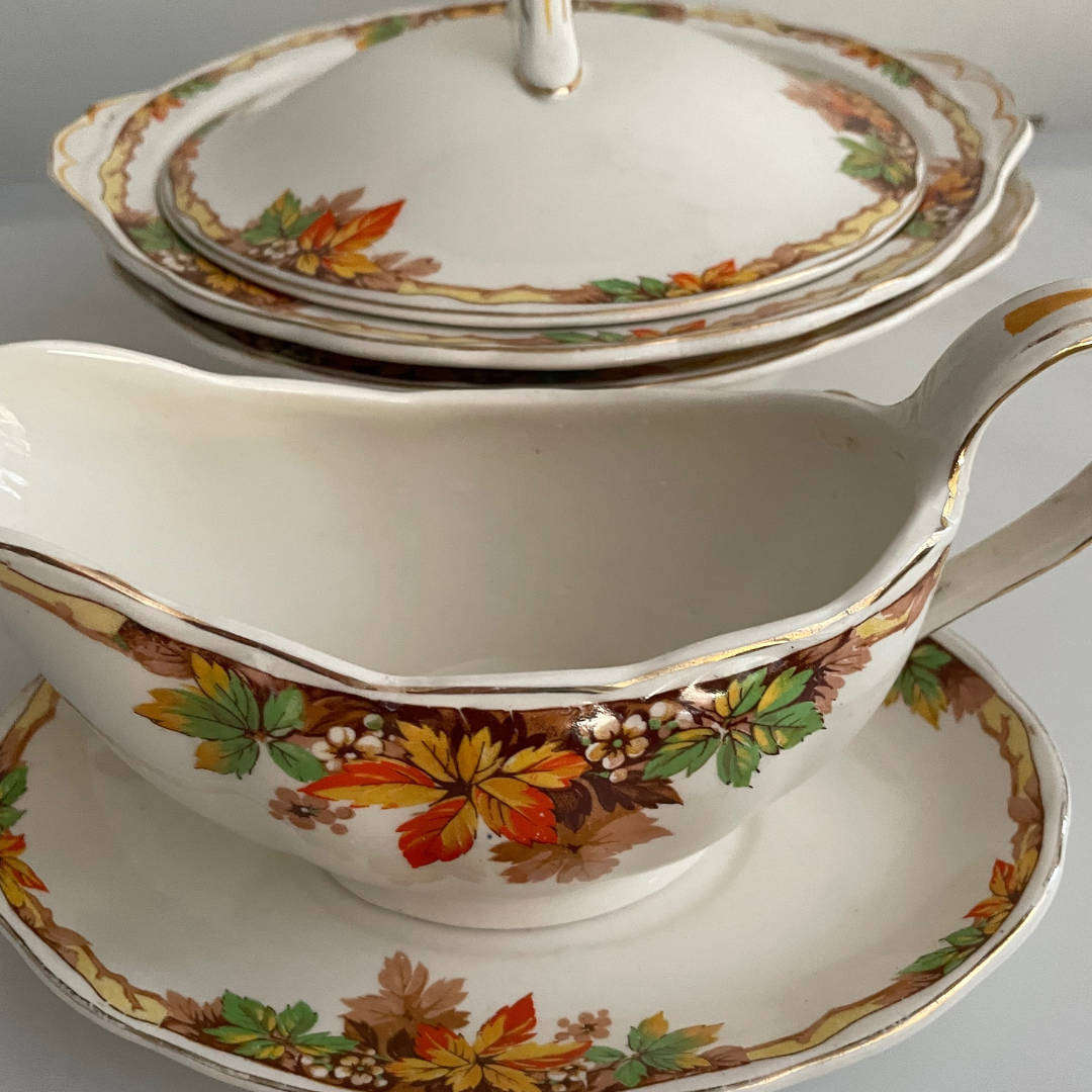 Grindley Creampetal England  Autumn Leaf Pattern  1930s  2x Serving Bowls and Gravy Boat