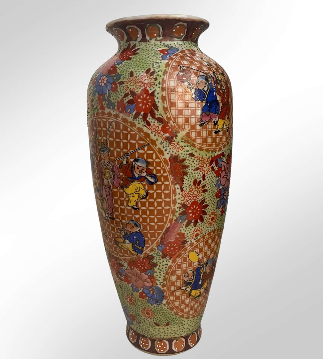 Vintage Thickly Potted Satsuma Export Vase  30cm  Rose Medallion Villagers in Sport Scenes, Raise