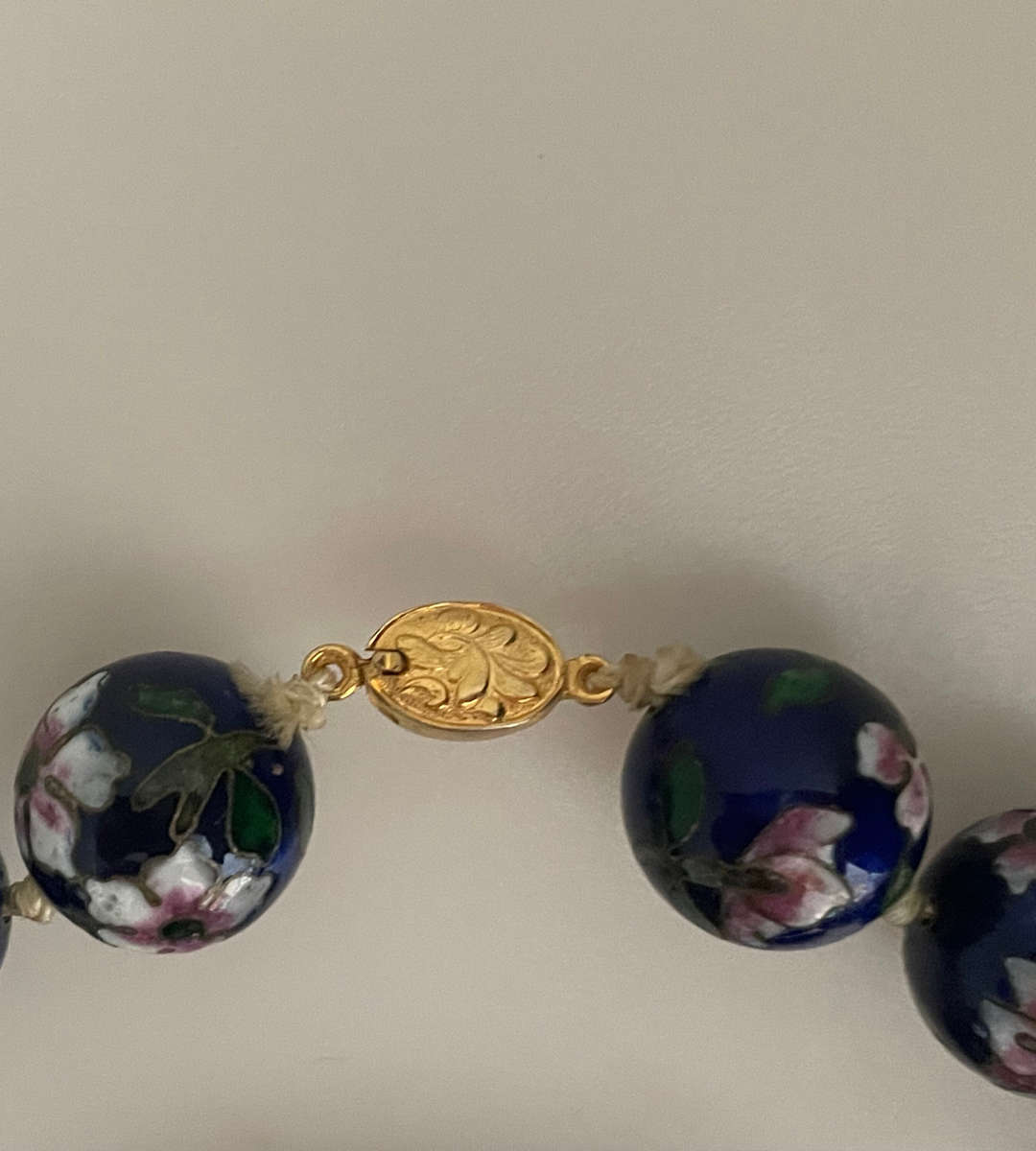 Vintage 1950s-1960s Chinese Cloisonné Jewelry Set  Blue Enamel Bead Necklace & Hinged Bangles