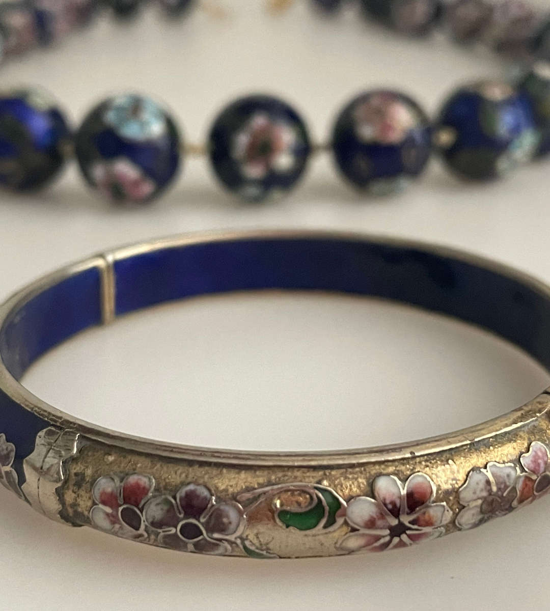 Vintage 1950s-1960s Chinese Cloisonné Jewelry Set  Blue Enamel Bead Necklace & Hinged Bangles