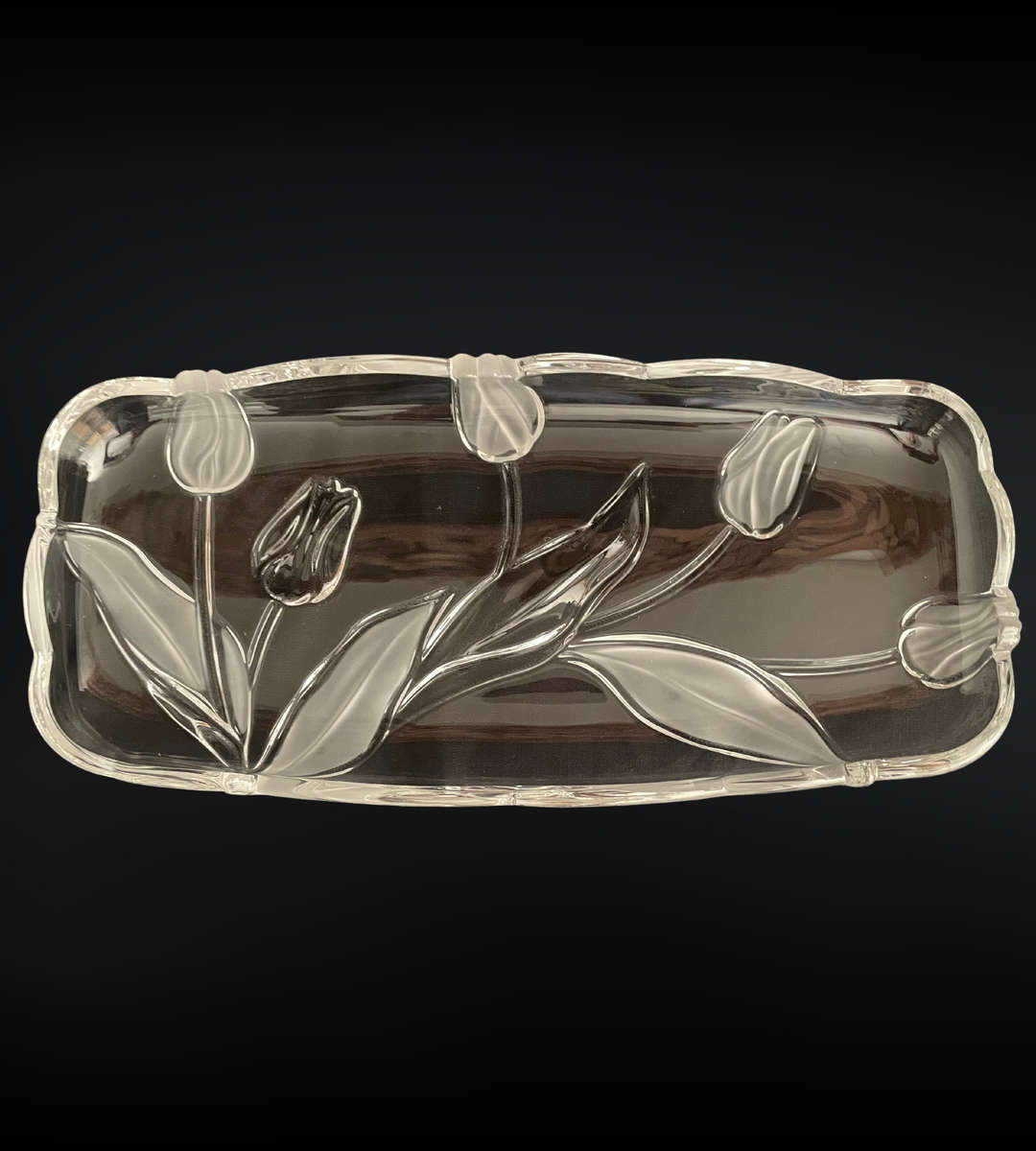 Original Walther Glass Nadine Satin Serving Tray - Frosted Tulip & Leaf Design, 375mm, with Box