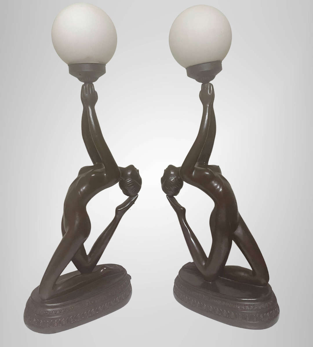 Rare 1970s Large Art Deco Style Nude Table Lamps  Matching Pair  75cm  Frosted Glass Shades