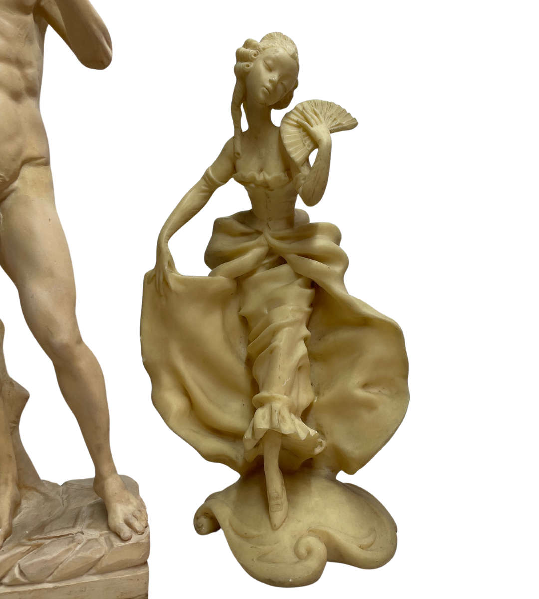 3pc Vintage Resin Sculpture Collection  Michelangelos David, Nude Goddess, and Rare Oriental Okimono