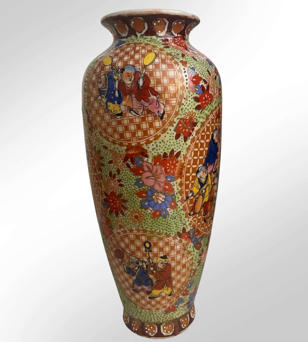 Vintage Thickly Potted Satsuma Export Vase  30cm  Rose Medallion Villagers in Sport Scenes, Raise