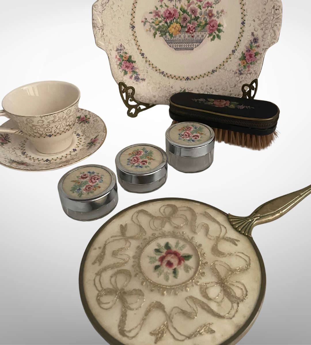 8-Piece Vintage Petit Point & Cross-Stitch Vanity Décor Set with H&K Tunstall Cup & Saucer