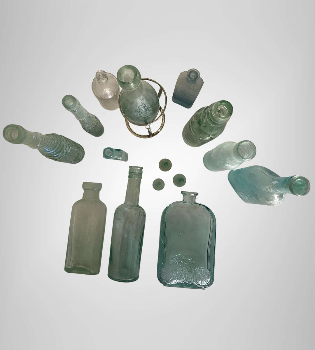 Rare Antique Bottle Collection with Aqua Glass Stoppers & Torpedo Bottle Stand - 12 Unique Bottles