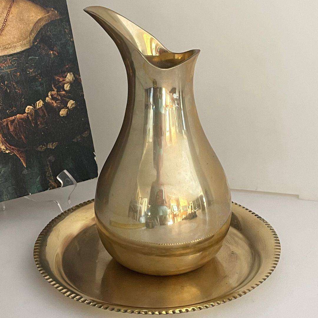 Vintage Brass Pitcher & Tray Set  24.8cm Vase, Silver-Plated Interior, 1243g