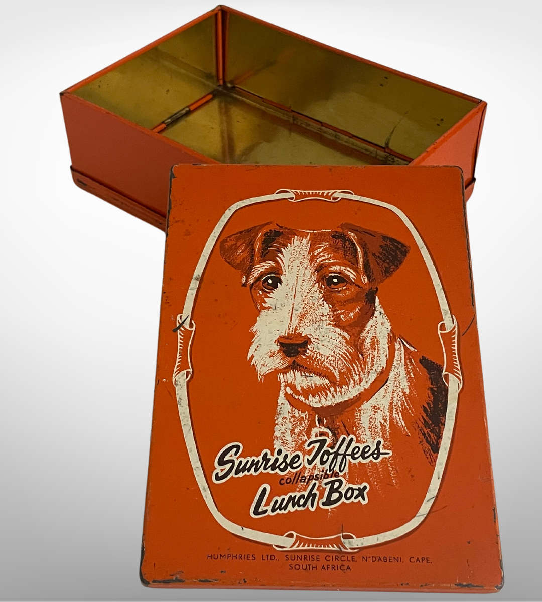 Super Rare Vintage Fox Terrier Sunrise Toffee Collapsible Tin Lunch Box Tin - 1940's