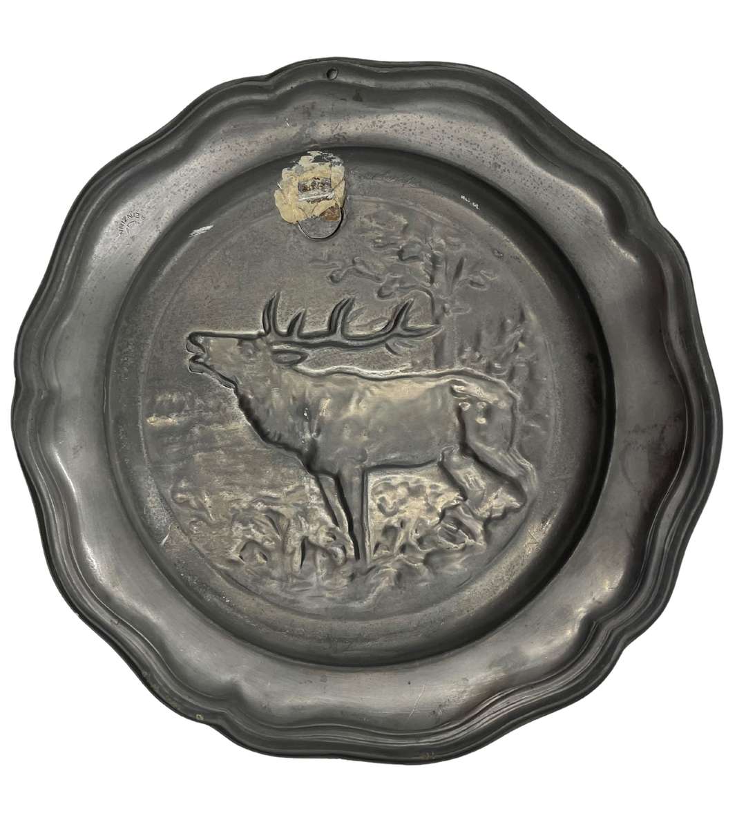 Vintage German Pewter Plate with Elk in Forest Scene  Heavy Relief Embossing, Reinzinn Mark