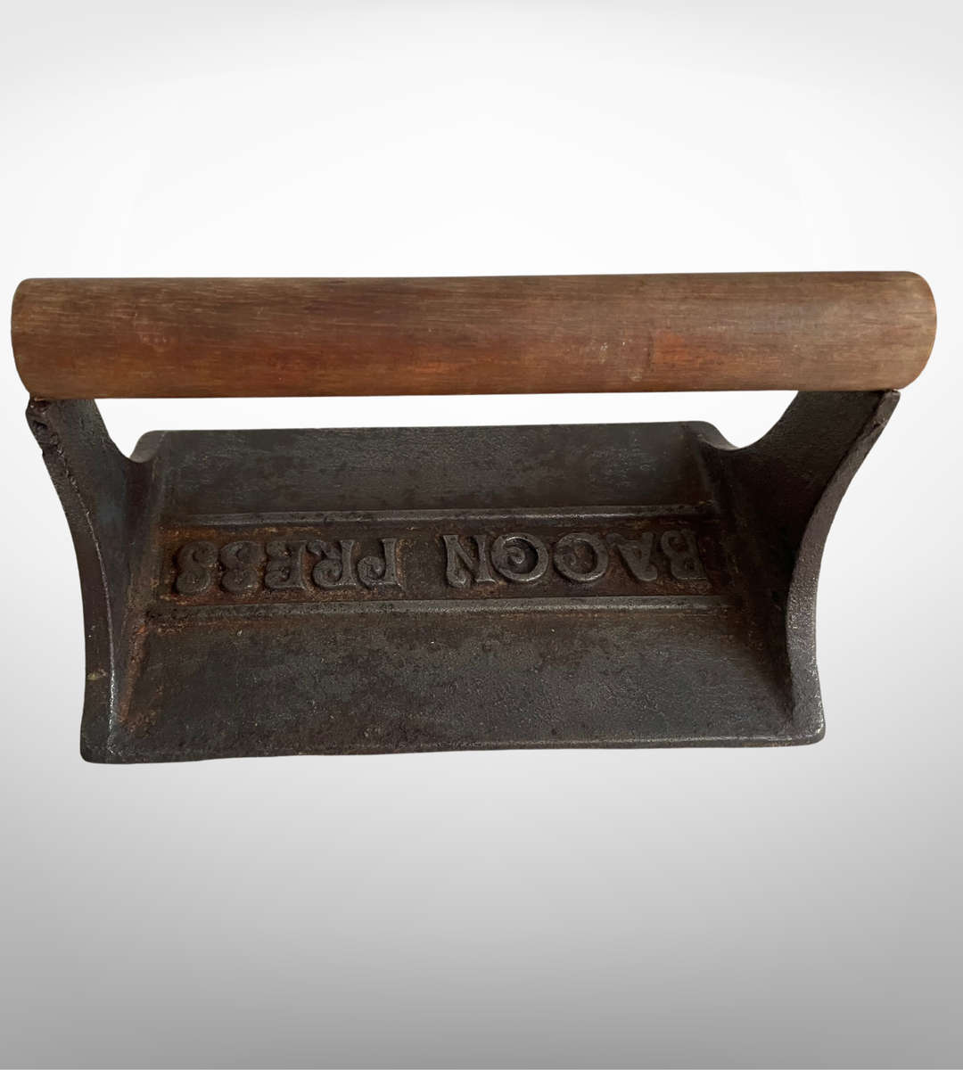 Vintage Rustic Cast Iron Bacon Press & 2 Stoneware Holders  Farmhouse Décor