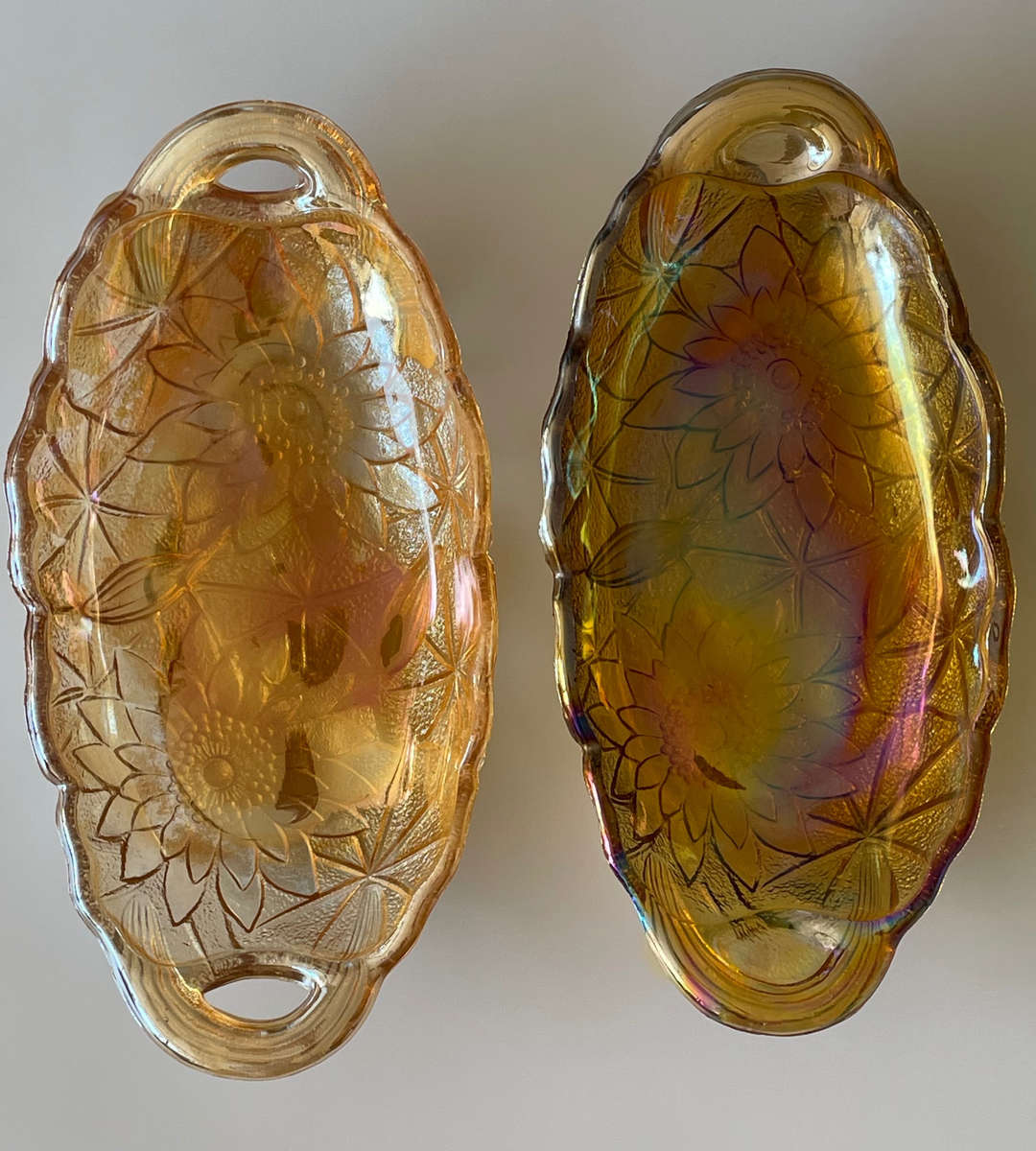 Set of 2 Iridescent Marigold Carnival Glass Relish Dish  Indiana Glass, Oval Sunflower Design