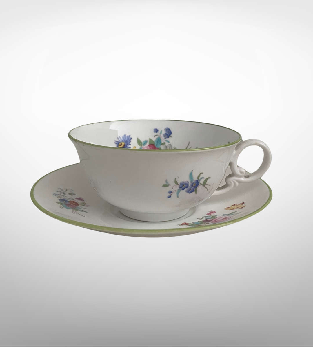 Antique Spode Copelands Tea Cup & Saucer  Ditsy Florals, Green Rim, Phillips Ltd Mark (1908-1929)