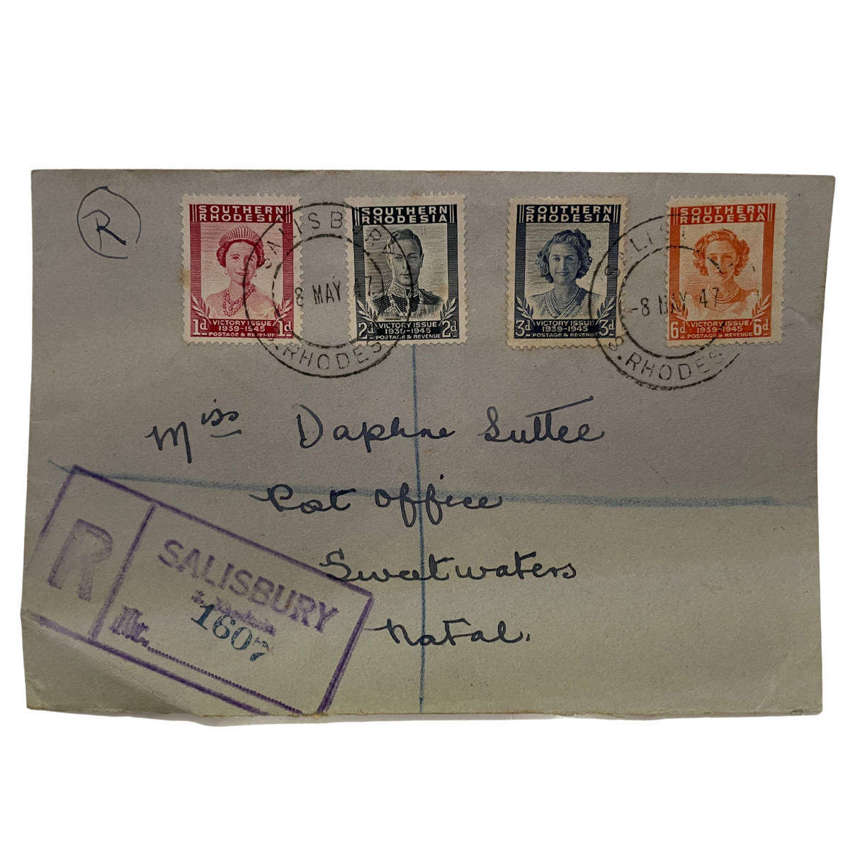 Southern Rhodesia 1947 Victory Issue  2 Registered Covers with Complete Sets  Bulawayo & Salisbury