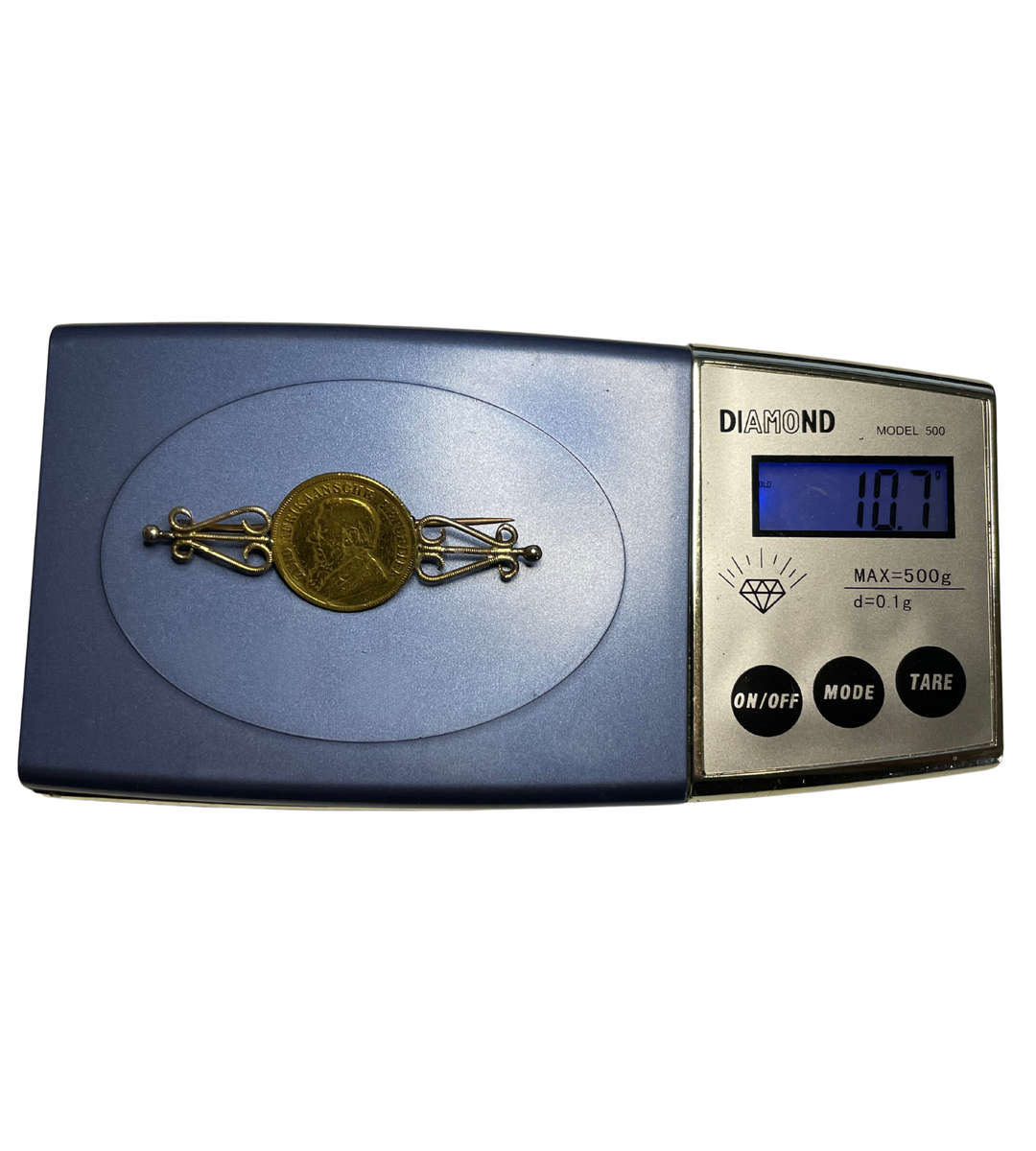 1895 South African Republic Paul Kruger 1 Pond Gold Coin Brooch  22ct Coin, 9ct Brooch  10.7g