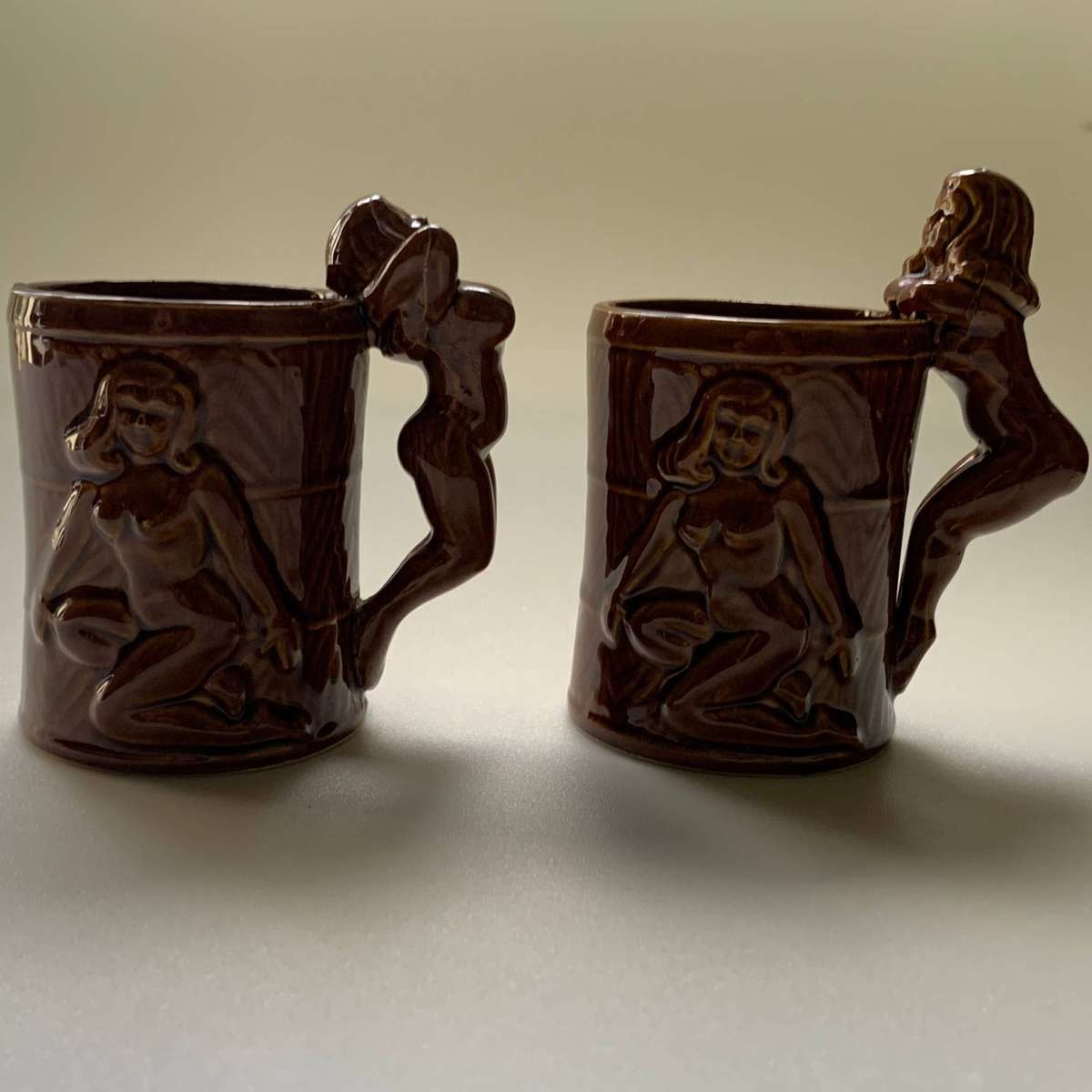 Vintage Treacle-Glazed Nude Lady Mugs (1960s)  Set of 2  Brown Pottery Collectibles