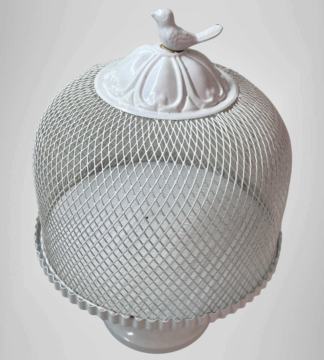 White Metal Cake Stand with Bird-Top Mesh Cover  25cm Wide