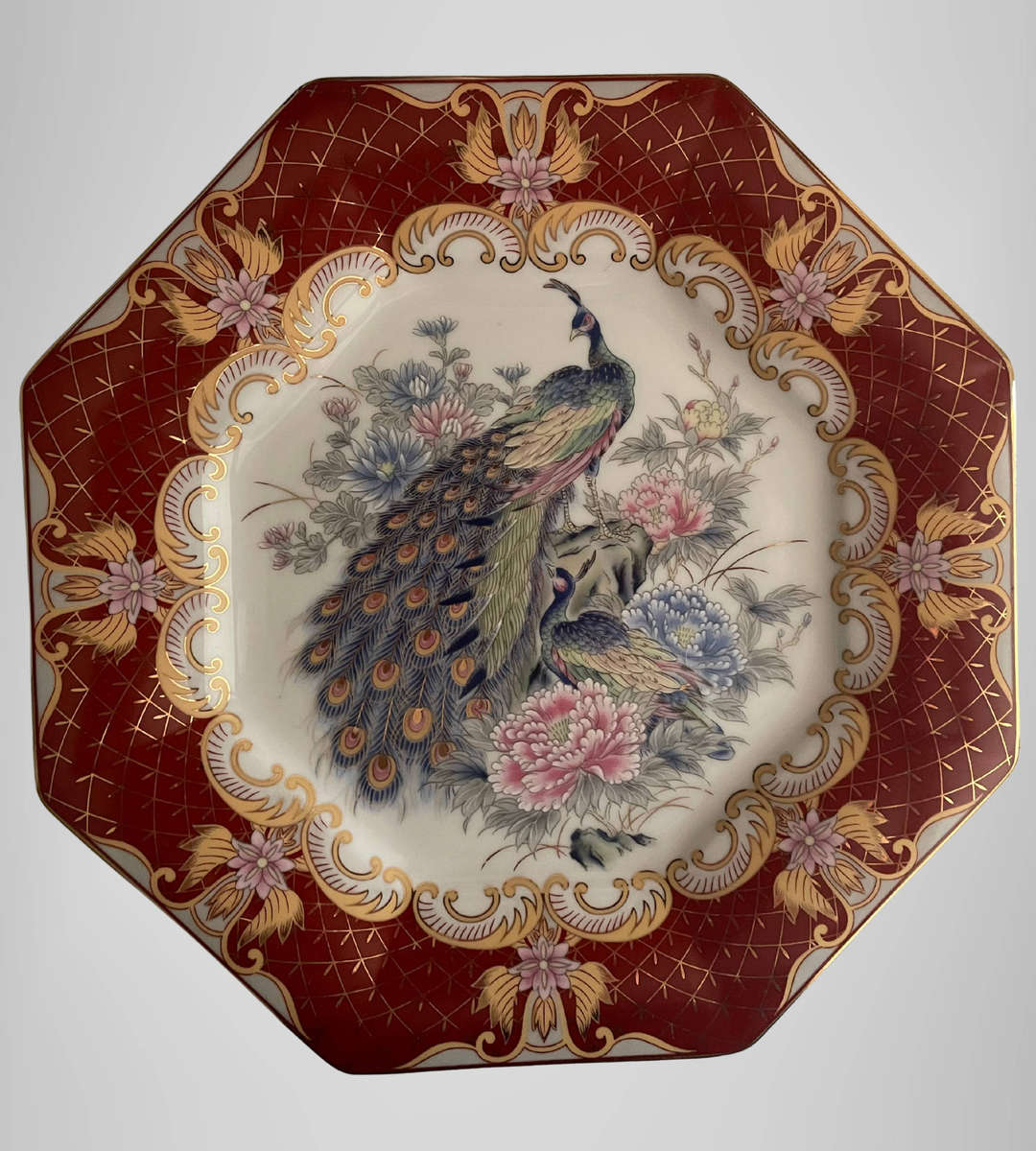 Vintage Japanese Satsuma-Style Gold Foil Porcelain Display Set  Peacock & Floral  2 Plates + Vase