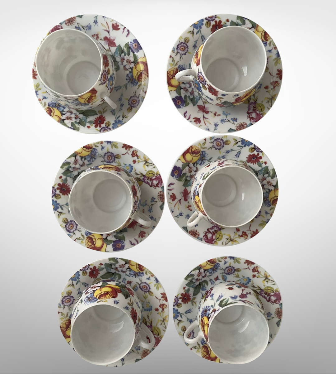 Delicate Multicolor Floral New Bone China Espresso Cup & Saucer Set  12 Piece, Eggshell-Style Thinn