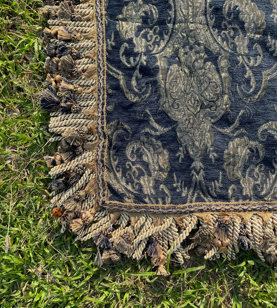 Heavy Traditional Indigo and Gold Upholstered Fabric with Velvet Suede Back and Double Rows of Tasse