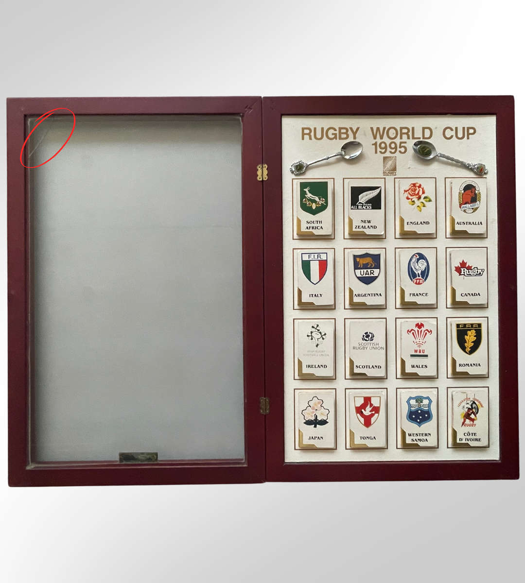 Rugby World Cup 1995 Cabinet Frame with Foldable Booklets & Springbok Teaspoons  Rare Collectible!