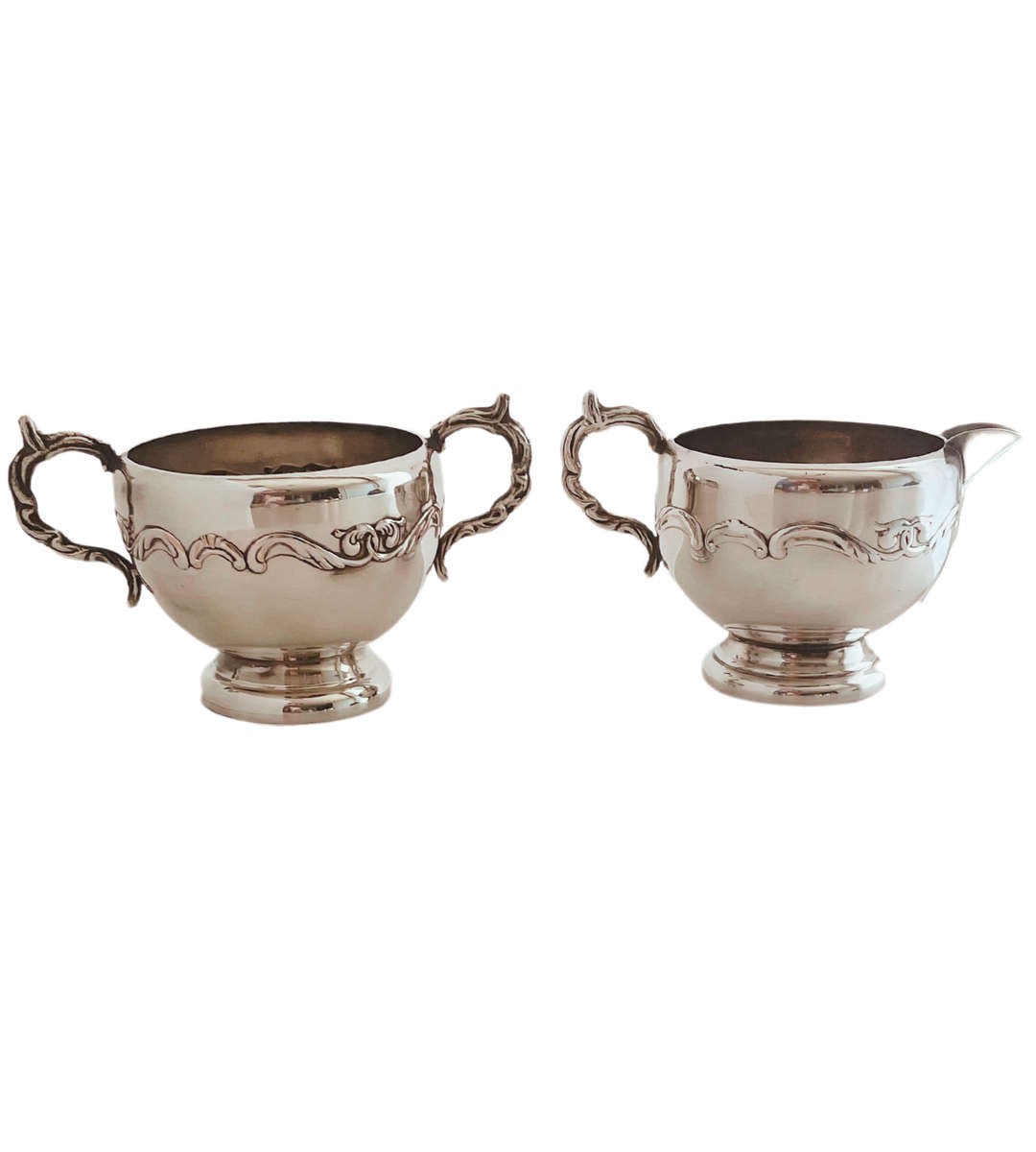 Em ess Silver Plated Sugar and Creamer Set - Embossed Acanthus Leaf Design, Elegant Two-Piece Ensemb