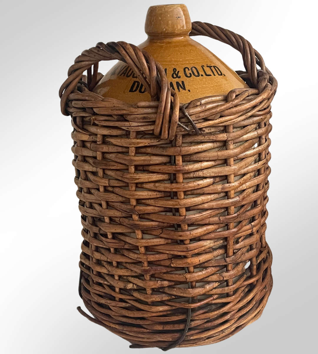 Reduced - Rare 50cm Govancroft Stoneware Bottle in Wicker Basket - M. Vaughan & Co. Ltd, Durban