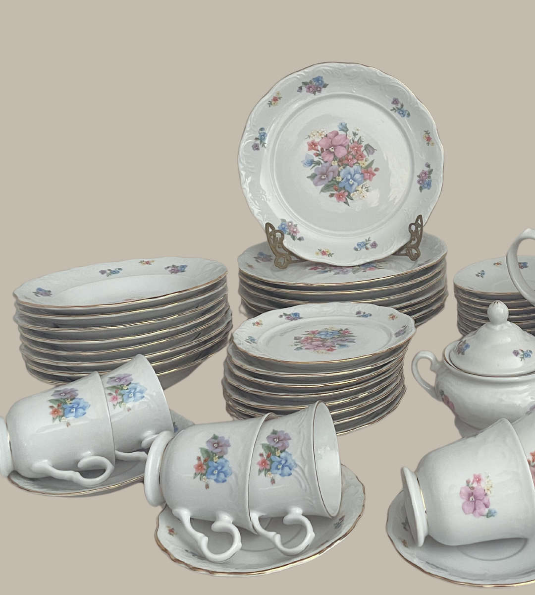Vintage 55-Piece Fine China Dinner Set  - Gold-Trimmed Cottage Chic Floral Design - Discounted!